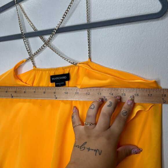 Marciano Yellow Semi-Sheer Tiered Ruffle Round Neck Gold Chain Straps Blouse S - Picture 8 of 9